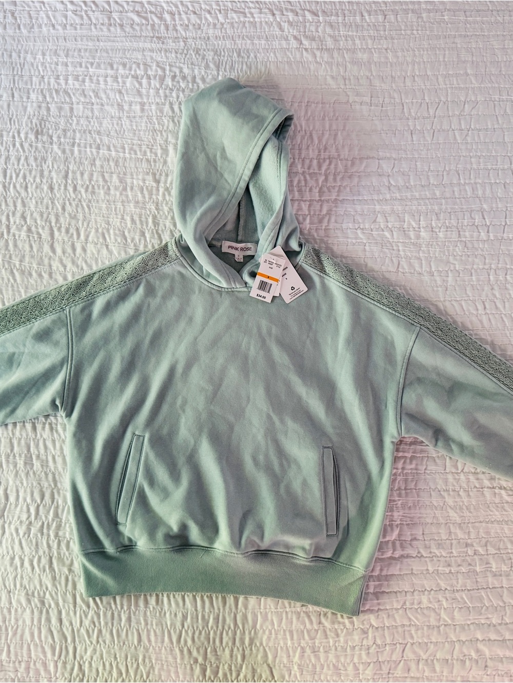 Pink Rose Mint Green Hooded Pullover Sweatshirt(S)- NEW